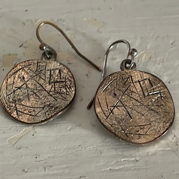 1” gold tone round textured medallion dangle earrings on hypoallergenic wires - Picture 3 of 13